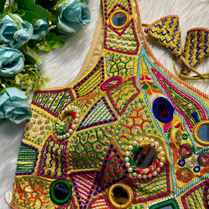 Gold Sleeveless Navratri Handwork Readymade Blouse for Garba Nights 