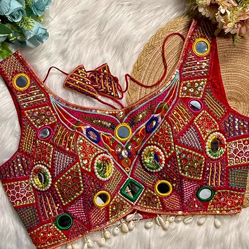 Red Sleeveless Navratri Handwork Readymade Blouse for Garba Nights 