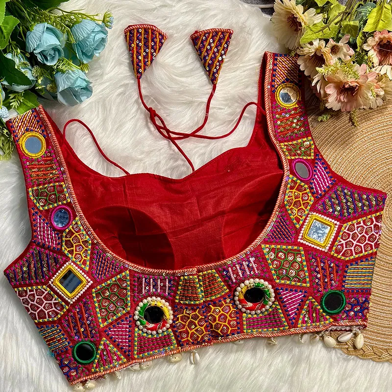 Red Sleeveless Navratri Handwork Readymade Blouse for Garba Nights 
