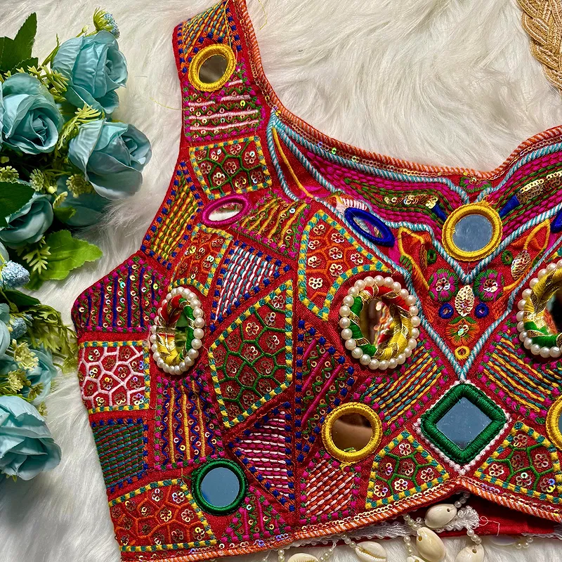 Red Sleeveless Navratri Handwork Readymade Blouse for Garba Nights 