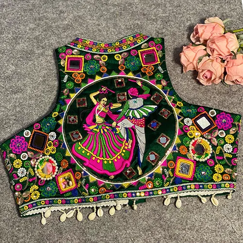 Bottle Green Color Navratri Special Readymade Halter Neck Blouse In Italian Silk