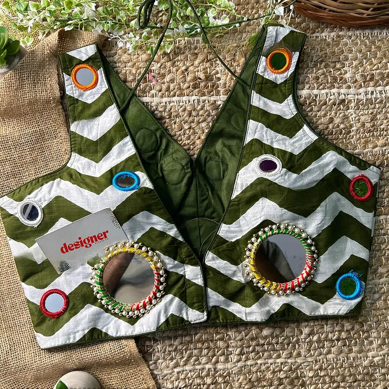 Green Color Navratri Special Readymade Blouse with Mirror Work