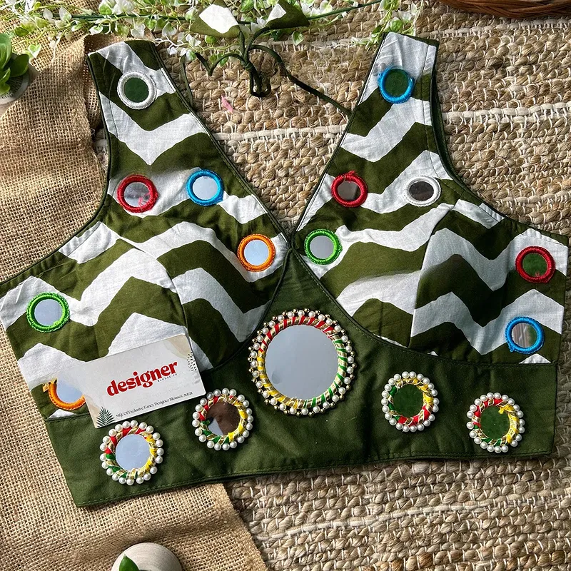 Green Color Navratri Special Readymade Blouse with Mirror Work