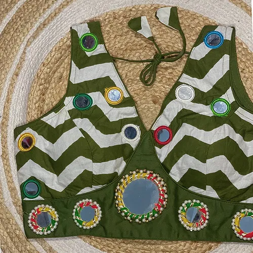 Mehndi Color Navratri Special Readymade Blouse with Mirror Work