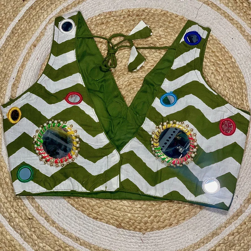 Mehndi Color Navratri Special Readymade Blouse with Mirror Work