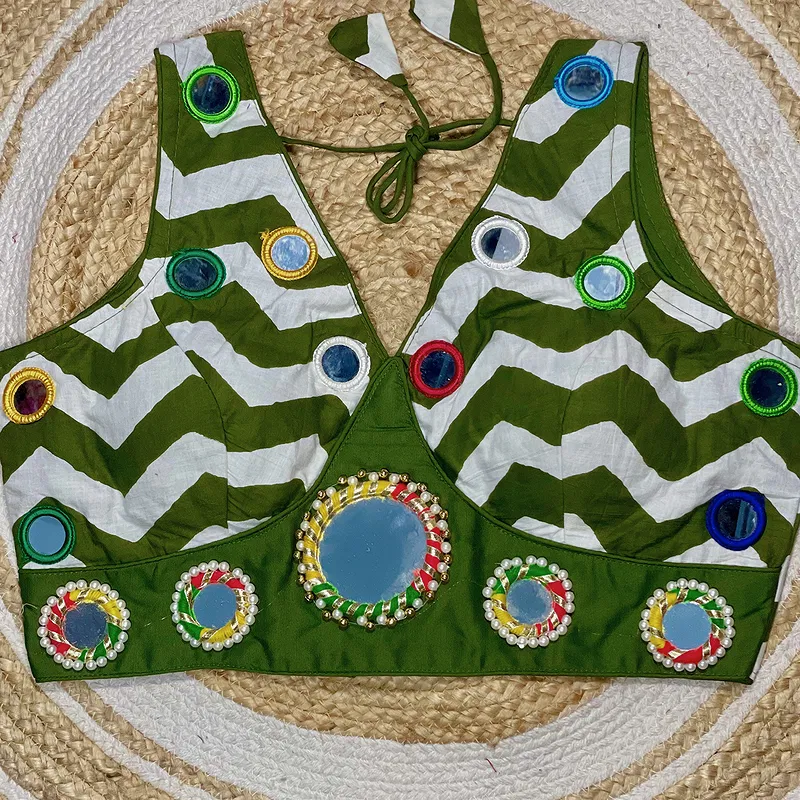 Mehndi Color Navratri Special Readymade Blouse with Mirror Work