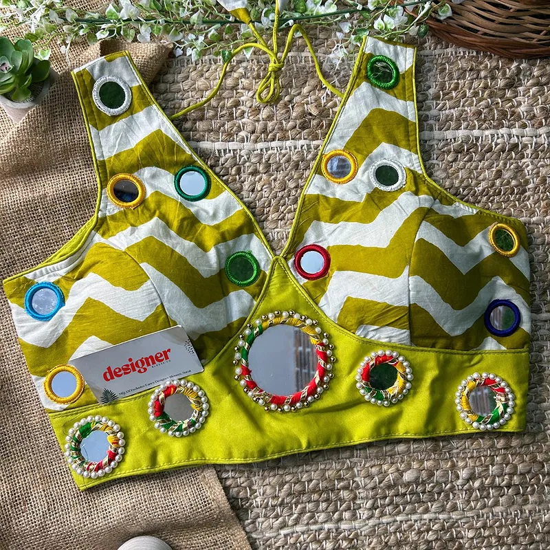 Parrot Green Color Navratri Special Readymade Blouse with Mirror Work