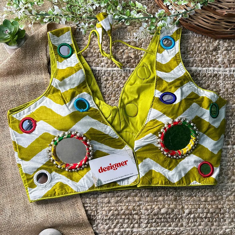 Parrot Green Color Navratri Special Readymade Blouse with Mirror Work