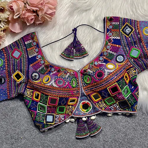 Purple Color Navratri Special Real Mirror Work Apple Cut Blouse