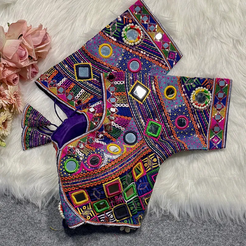 Purple Color Navratri Special Real Mirror Work Apple Cut Blouse