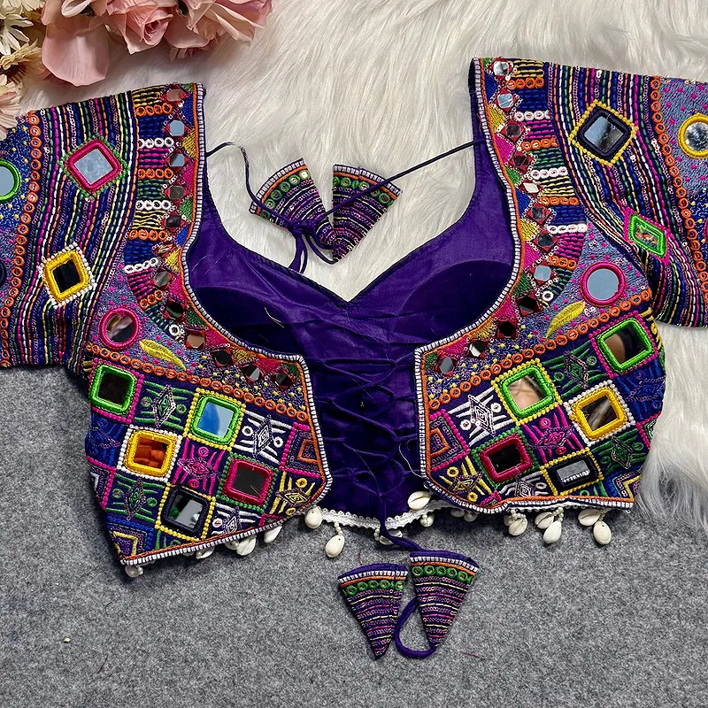Purple Color Navratri Special Real Mirror Work Apple Cut Blouse