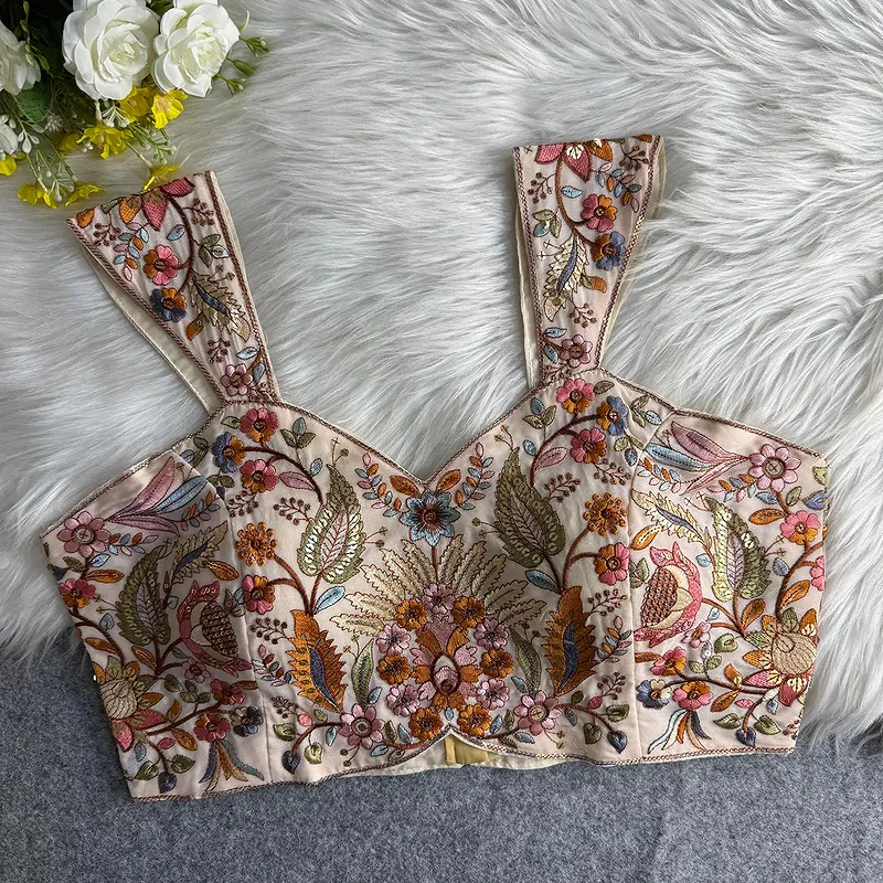 Cream Color Western Style Embroidered Georgette Blouse