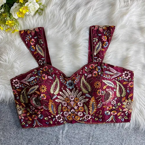 Wine Color Western Style Embroidered Georgette Blouse