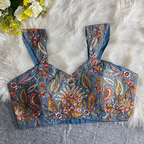 Grey Color Readymade Georgette Sleeveless Blouse For Navratri