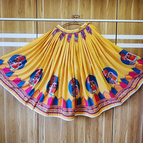 Yellow Color Digital Print Mirror Work Readymade Chaniya For Navratri