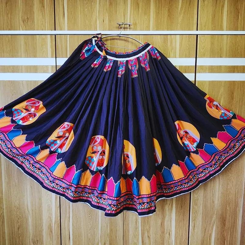 Black Color Digital Print Mirror Work Readymade Chaniya For Navratri