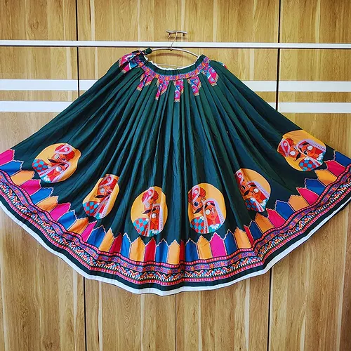 Green Color Digital Print Mirror Work Readymade Chaniya For Navratri