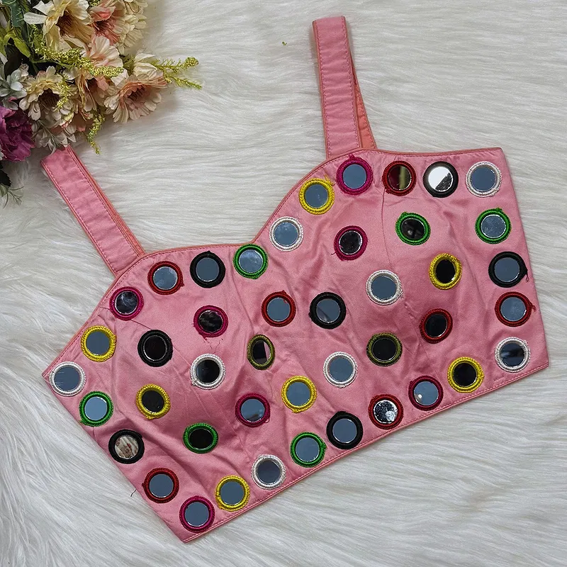 Baby Pink Color Navratri Special Silk Mirror Work Blouse