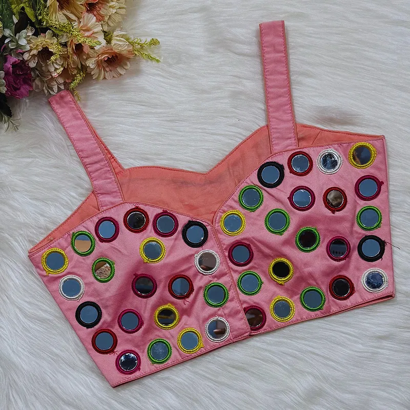 Baby Pink Color Navratri Special Silk Mirror Work Blouse