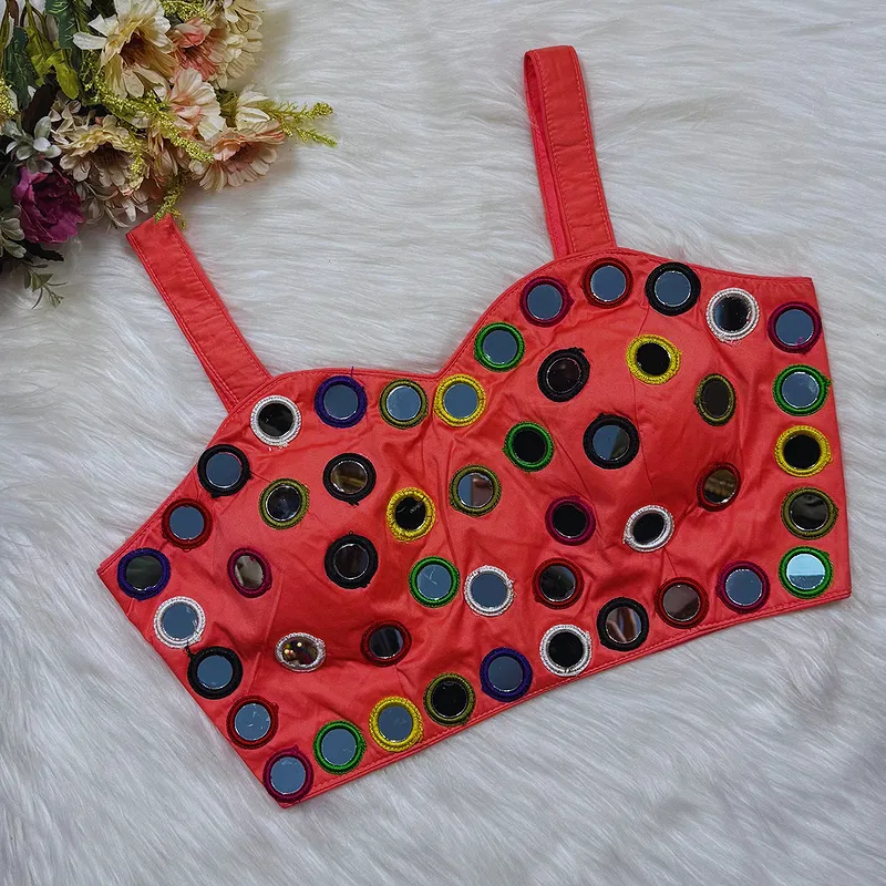 Peach Color Navratri Special Silk Mirror Work Blouse