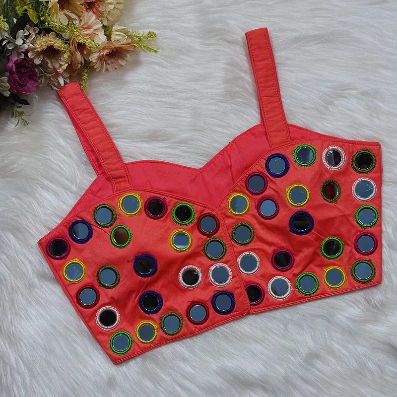 Peach Color Navratri Special Silk Mirror Work Blouse