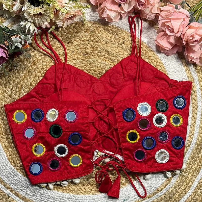 Red Silk Navratri Choli with Mirror Work and Dori Sleeves