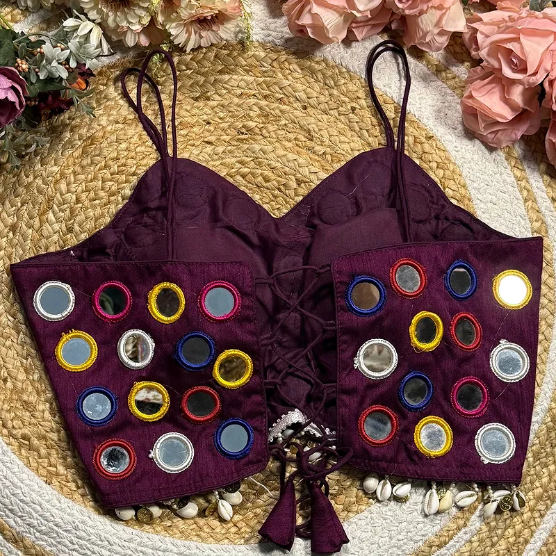 Wine Silk Navratri Choli with Mirror Work and Dori Sleeves