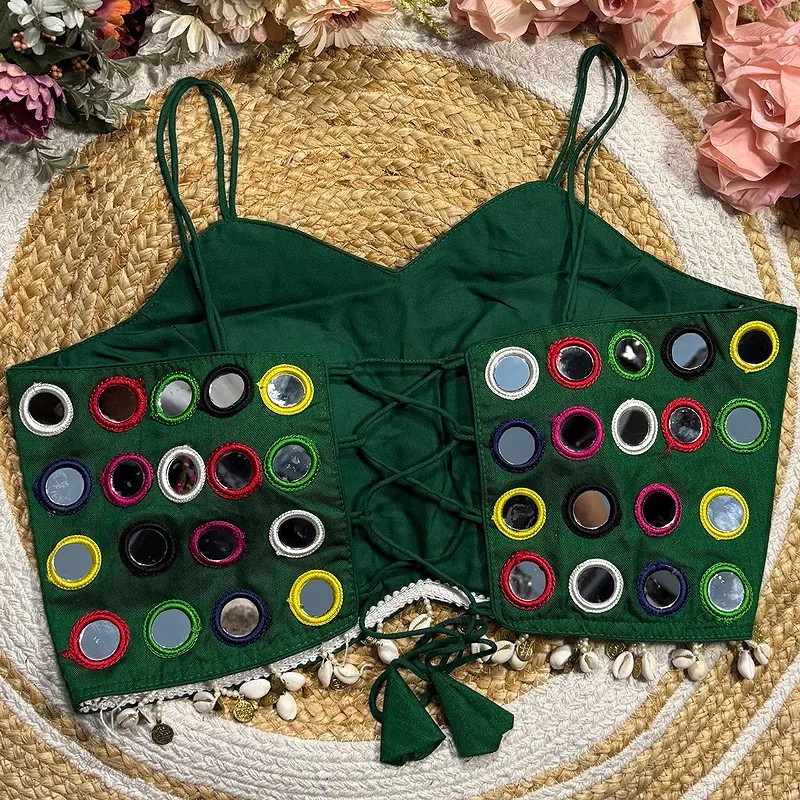 Bottle Green Silk Navratri Choli with Mirror Work and Dori Sleeves