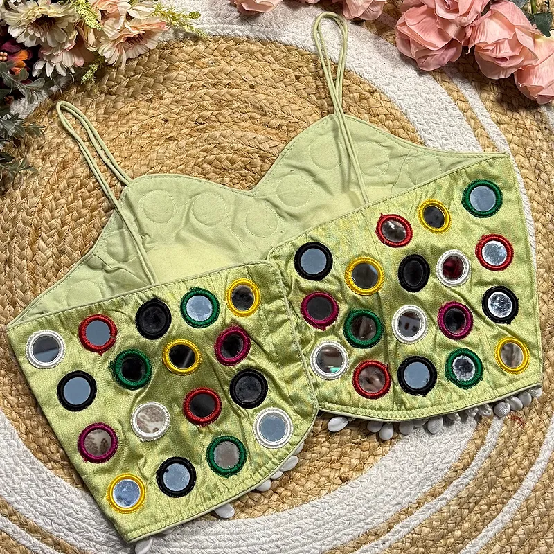 Pista Green Silk Navratri Choli with Mirror Work and Dori Sleeves