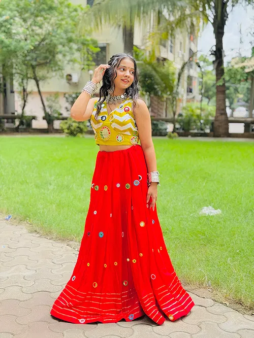 Red Color Multi Work Heavy Lace Readymade Chaniya for Navratri 