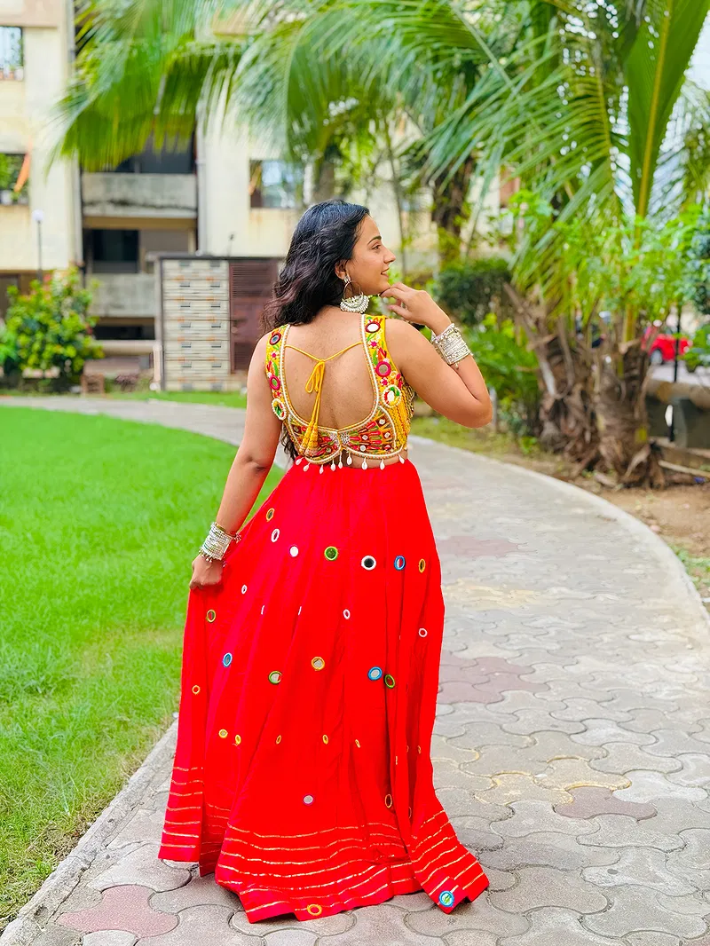 Red Color Multi Work Heavy Lace Readymade Chaniya for Navratri 