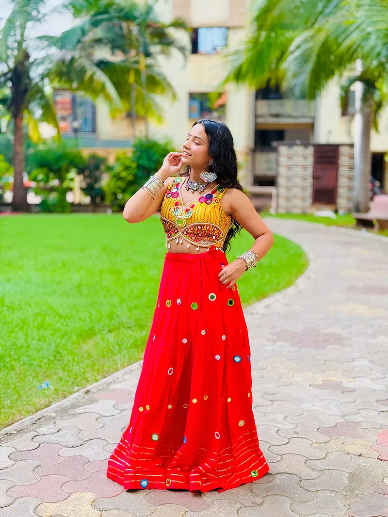 Red Color Multi Work Heavy Lace Readymade Chaniya for Navratri 