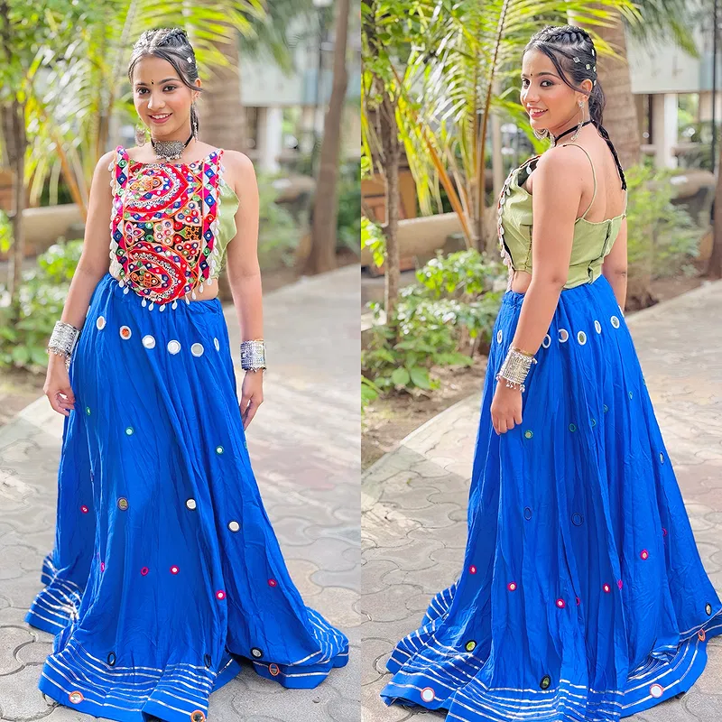 Heavy Blue Mirror Work Chaniya with Green Choli