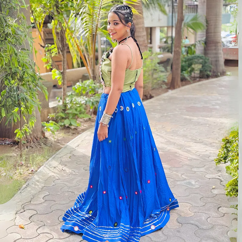 Heavy Blue Mirror Work Chaniya with Green Choli