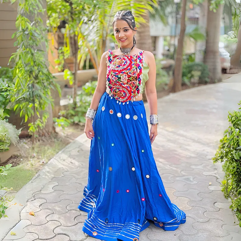 Heavy Blue Mirror Work Chaniya with Green Choli