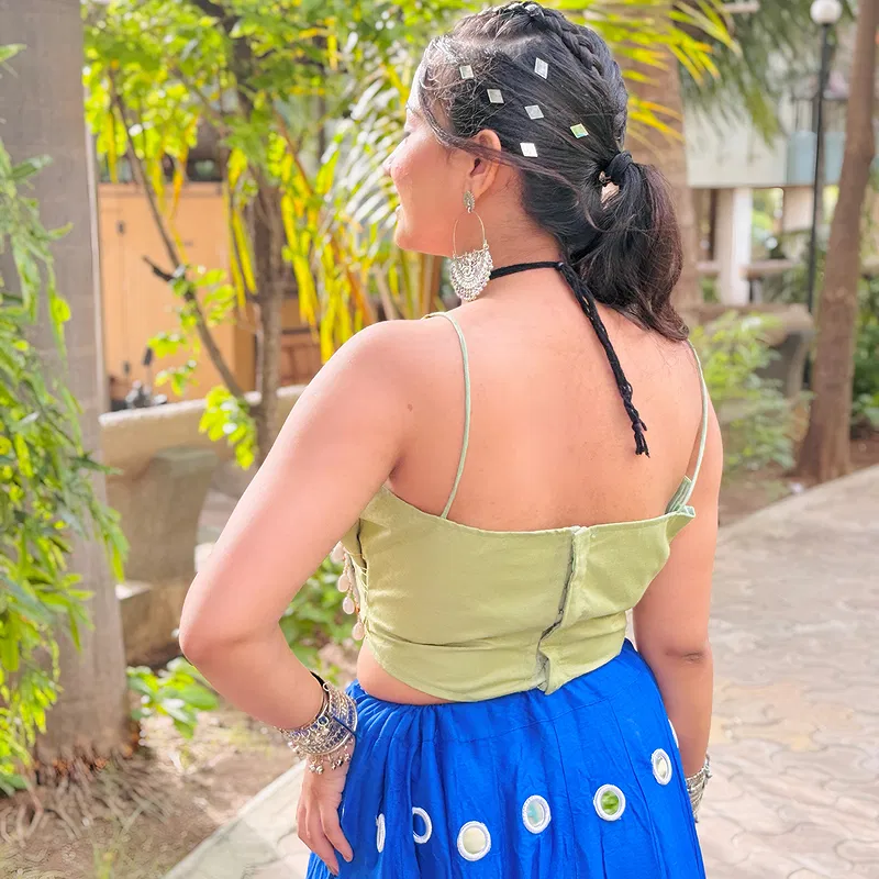 Heavy Blue Mirror Work Chaniya with Green Choli