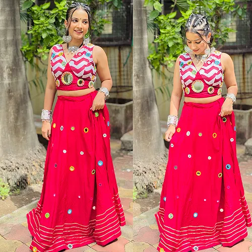 Stylish Red Color Chaniya Choli with Mirror Work