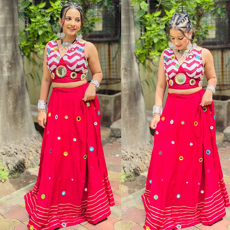 Stylish Red Color Chaniya Choli with Mirror Work