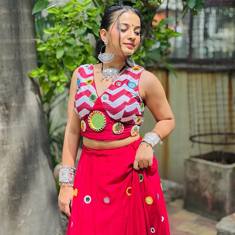 Stylish Red Color Chaniya Choli with Mirror Work