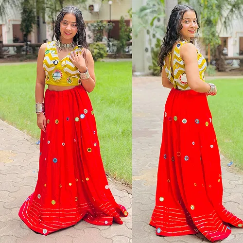 Stylish Red and Parrot Green Color Chaniya Choli with Mirror Work