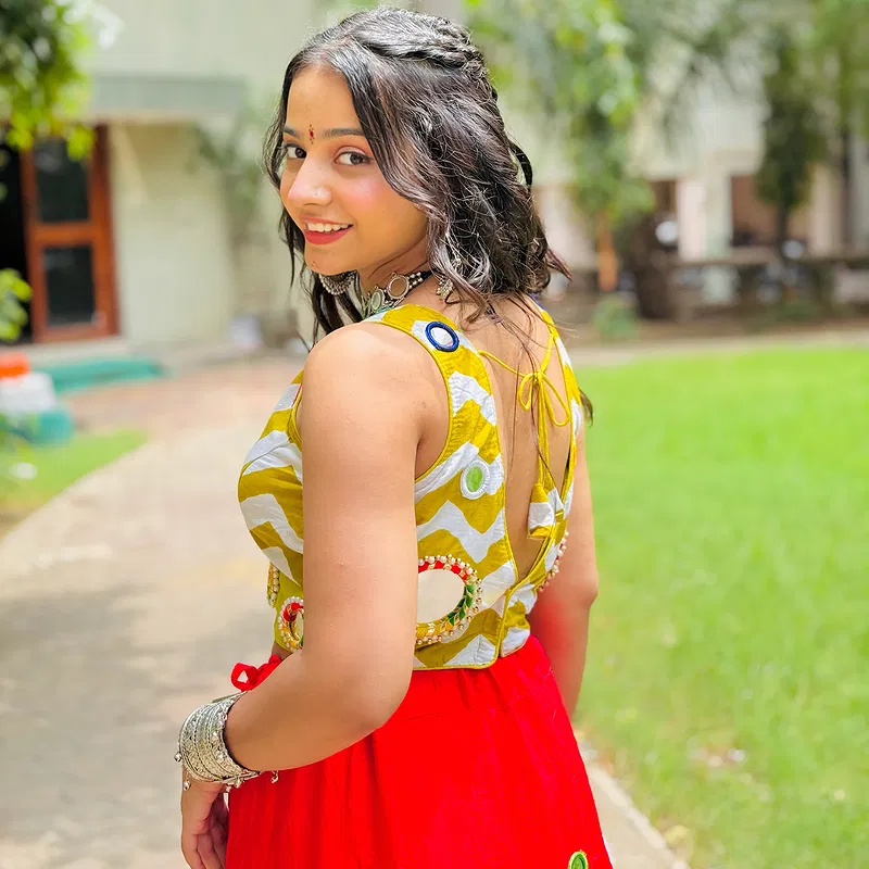 Stylish Red and Parrot Green Color Chaniya Choli with Mirror Work