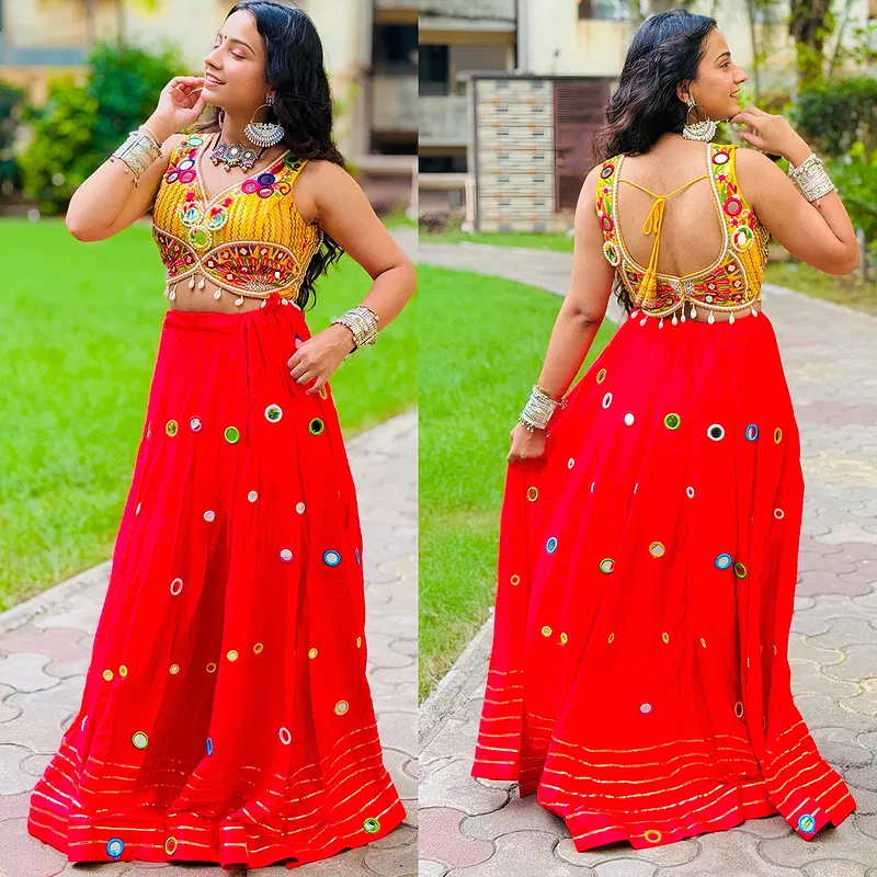 Yellow and Red Heavy Mirror and Embroidery Work Garba Chaniya Choli