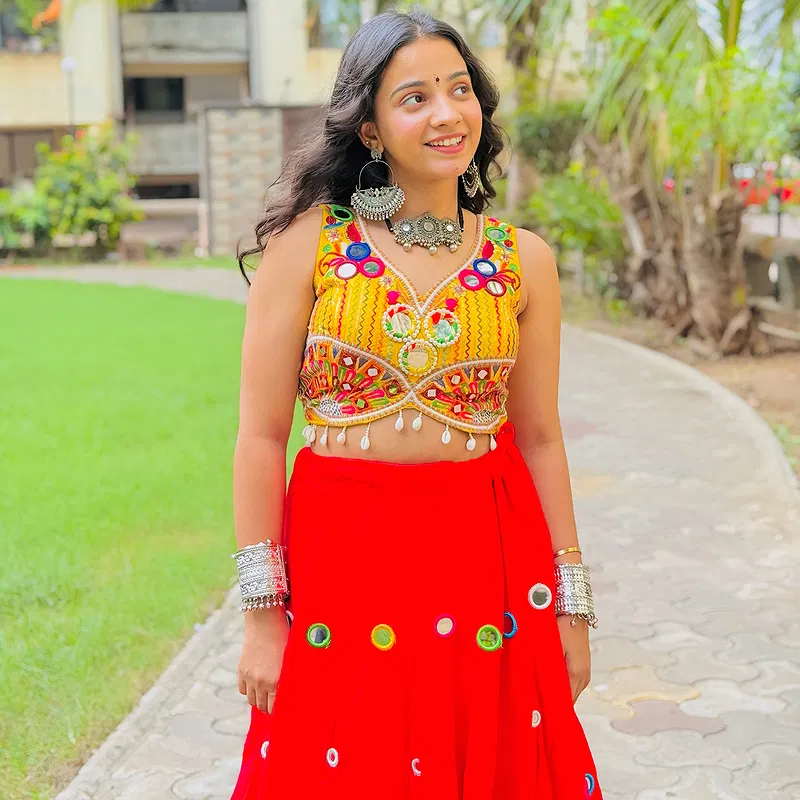Yellow and Red Heavy Mirror and Embroidery Work Garba Chaniya Choli