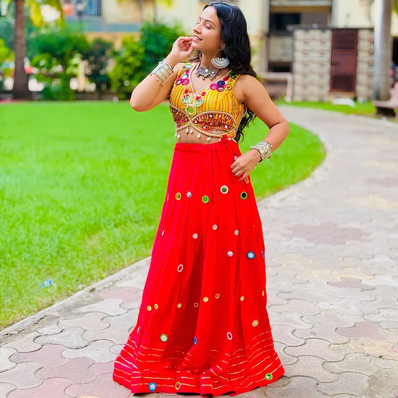 Yellow and Red Heavy Mirror and Embroidery Work Garba Chaniya Choli