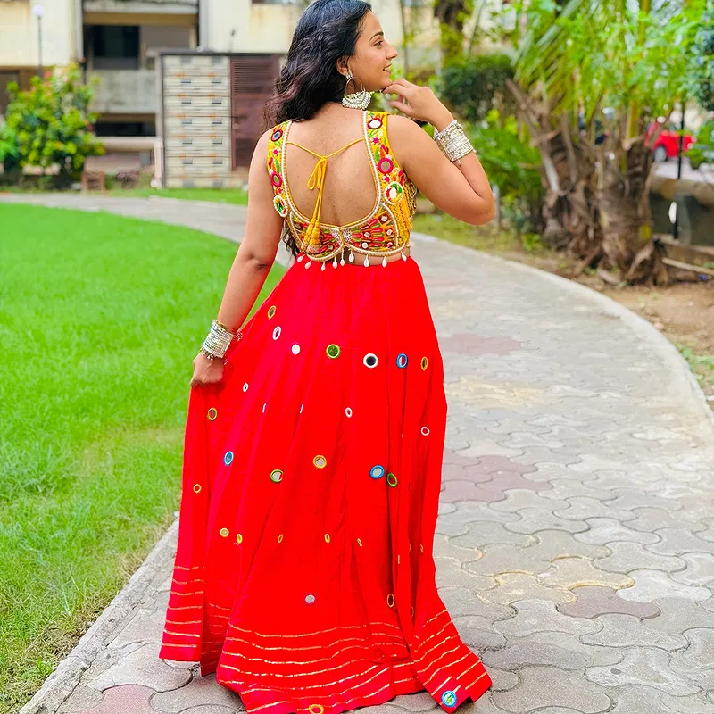 Yellow and Red Heavy Mirror and Embroidery Work Garba Chaniya Choli