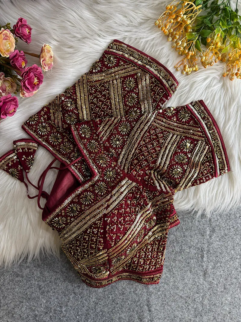 Maroon Color Designer Partywear Blouse with Heavy Beads Work in Georgette