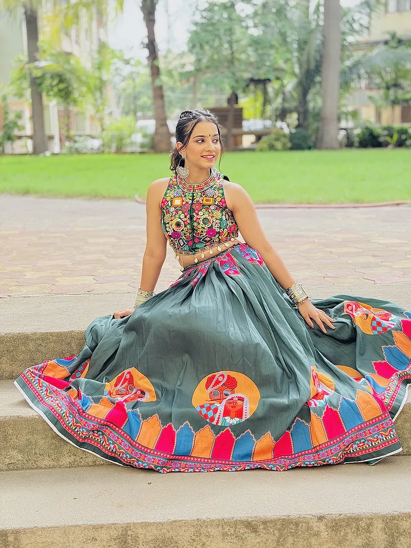 Readymade Chaniya Choli Set with Digital Face Print and Embroidered Halter Neck for Navratri