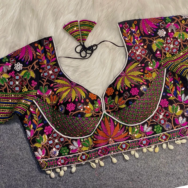 Black Silk Heavy Full Work Flower Design Navratri Blouse