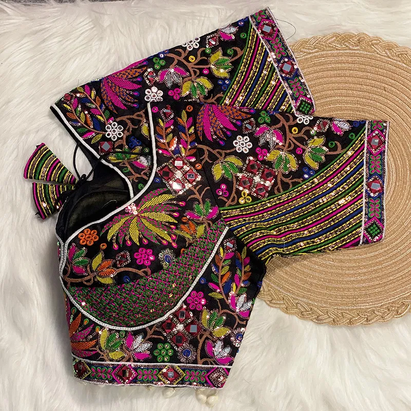 Black Silk Heavy Full Work Flower Design Navratri Blouse