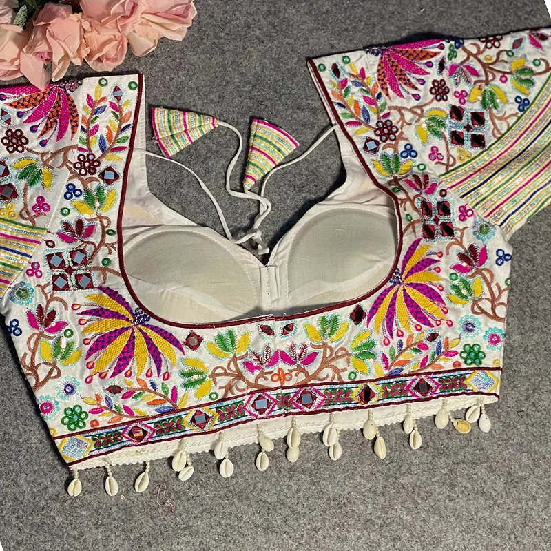 White Silk Heavy Full Work Flower Design Navratri Blouse